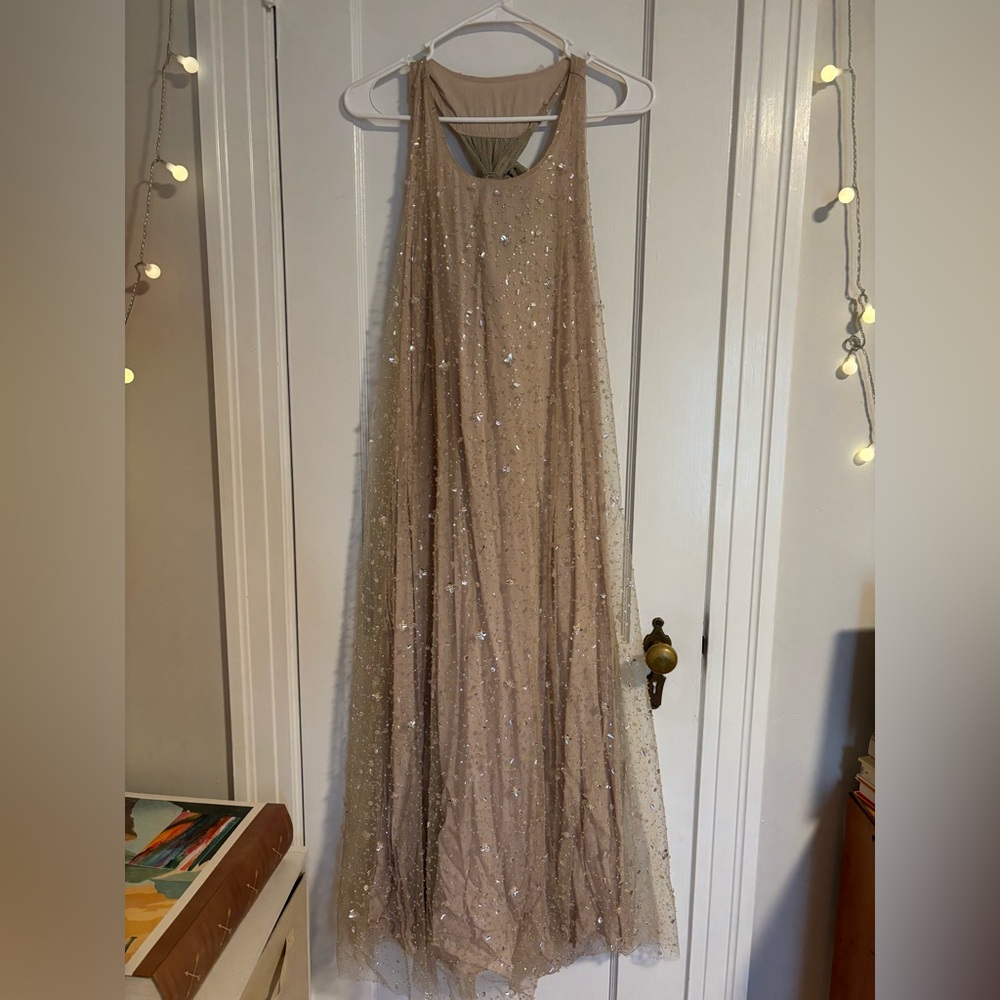 New York & Company Sequin Midi Dress in Beige